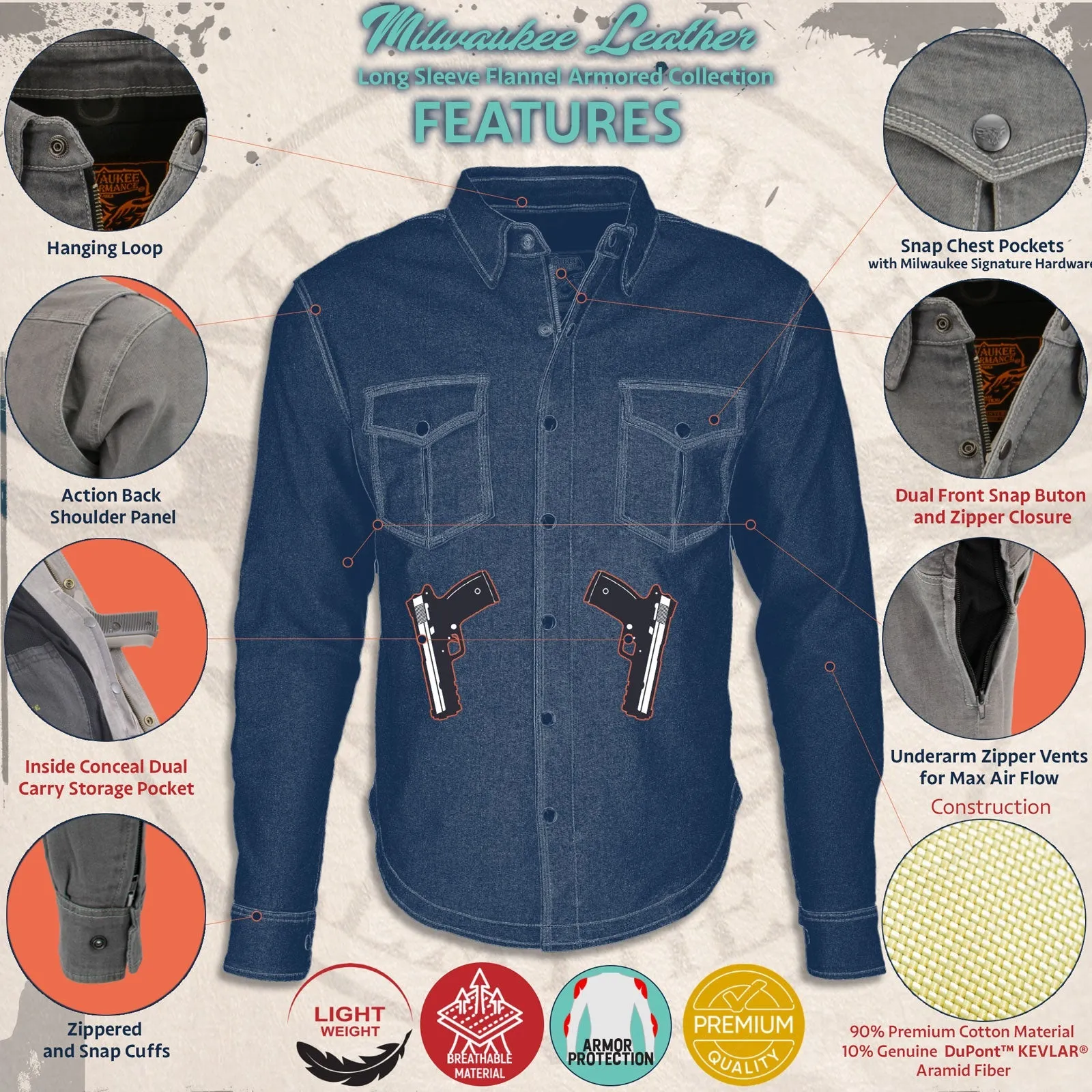 MPM1643 Men's Plaid Flannel Biker Shirt with CE Approved Armor - Reinforced w/ Aramid Fiber