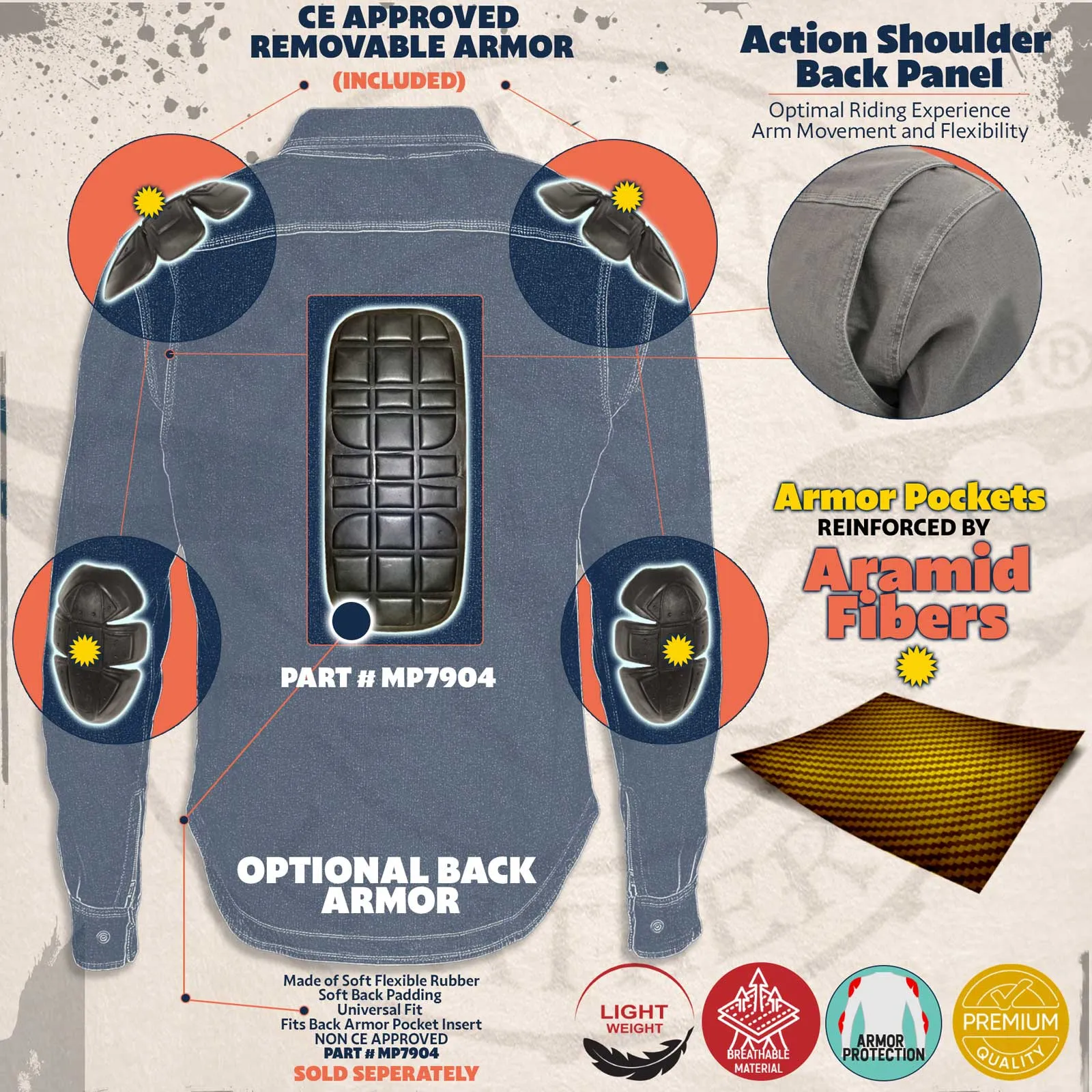 MPM1643 Men's Plaid Flannel Biker Shirt with CE Approved Armor - Reinforced w/ Aramid Fiber