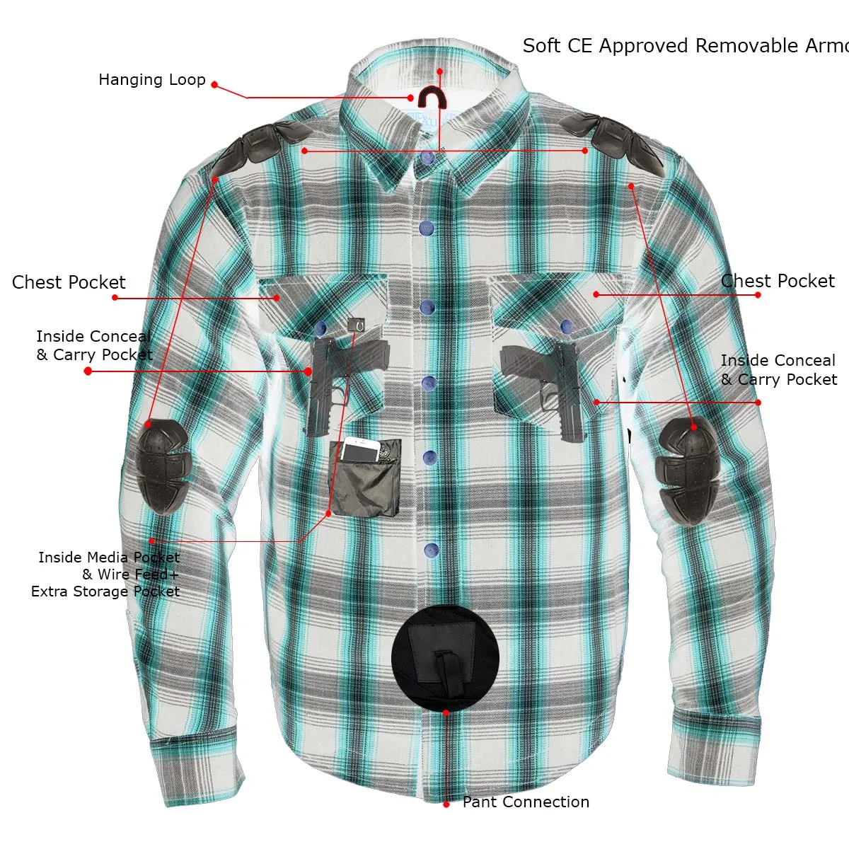 MPM1643 Men's Plaid Flannel Biker Shirt with CE Approved Armor - Reinforced w/ Aramid Fiber