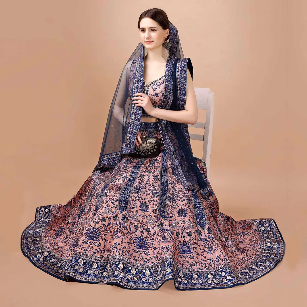 Navy Blue and Peach Embroidered Lehenga Set