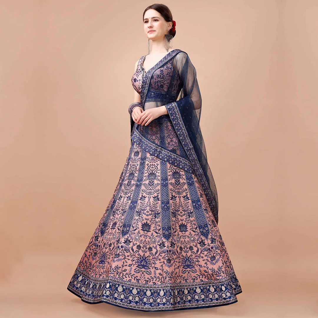Navy Blue and Peach Embroidered Lehenga Set