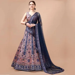 Navy Blue and Peach Embroidered Lehenga Set