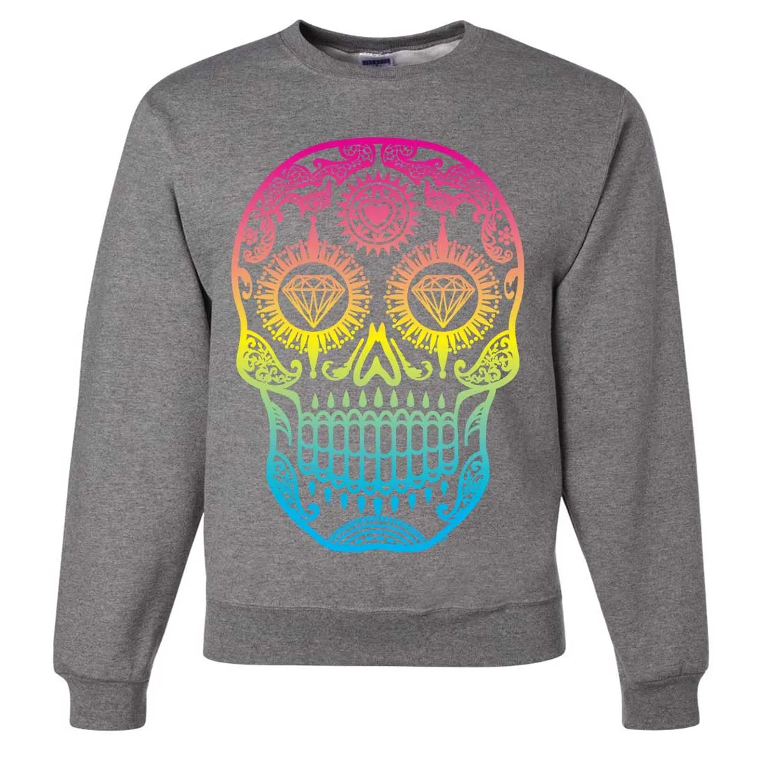 Neon Diamond Eyes Smiling Sugar Skull Crewneck Sweatshirt