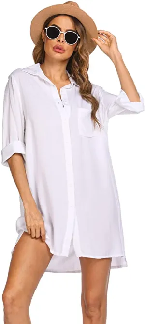 New Sheshow Women's Beach Cover Up Long Sleeve Button Down Sleep Shirt Dress! For baggy look order sizes up from what you normally would order! Sz 3XL