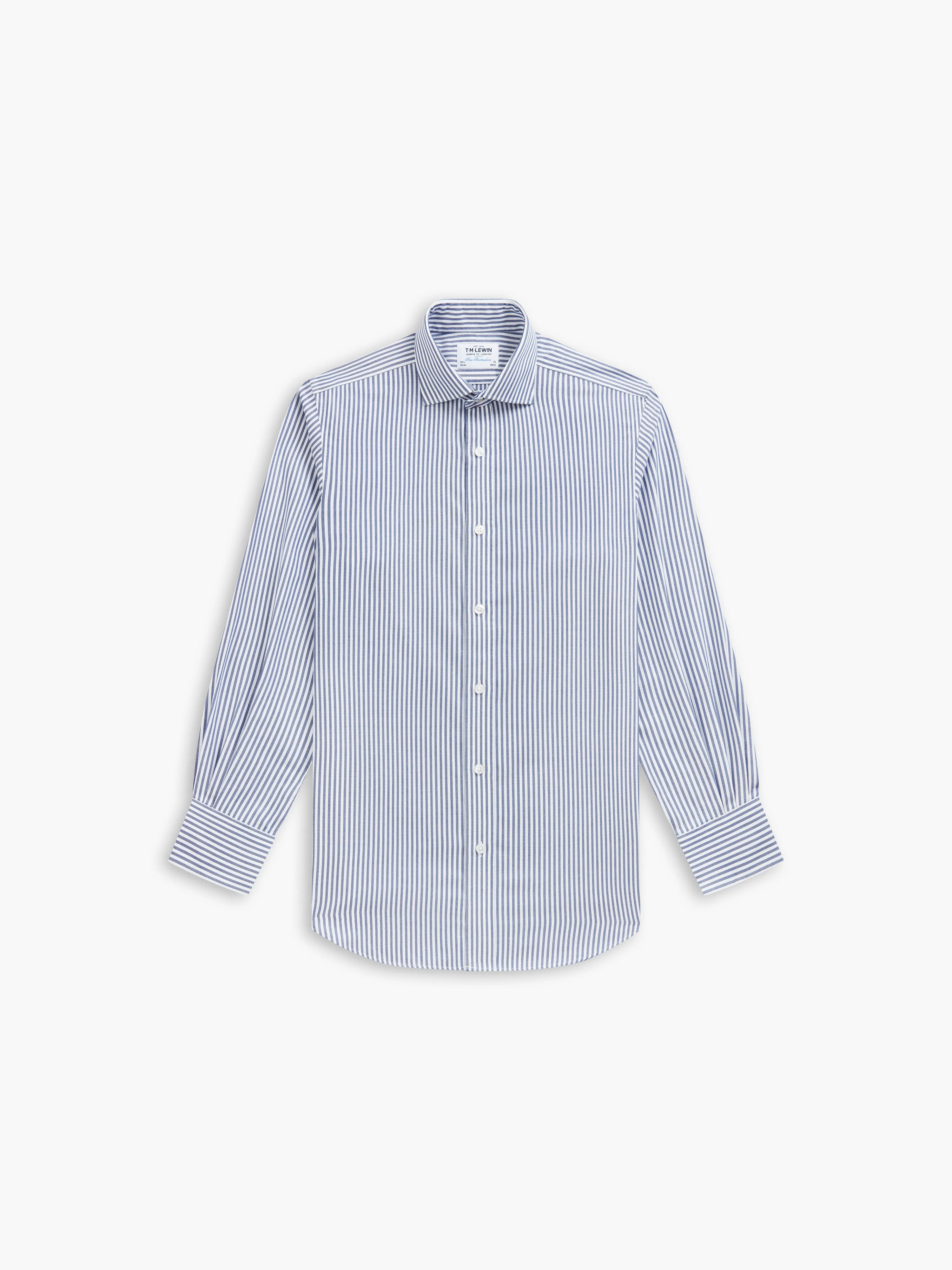 Non-Iron Navy Blue Candy Stripe Oxford Fitted Single Cuff Cutaway Collar Shirt