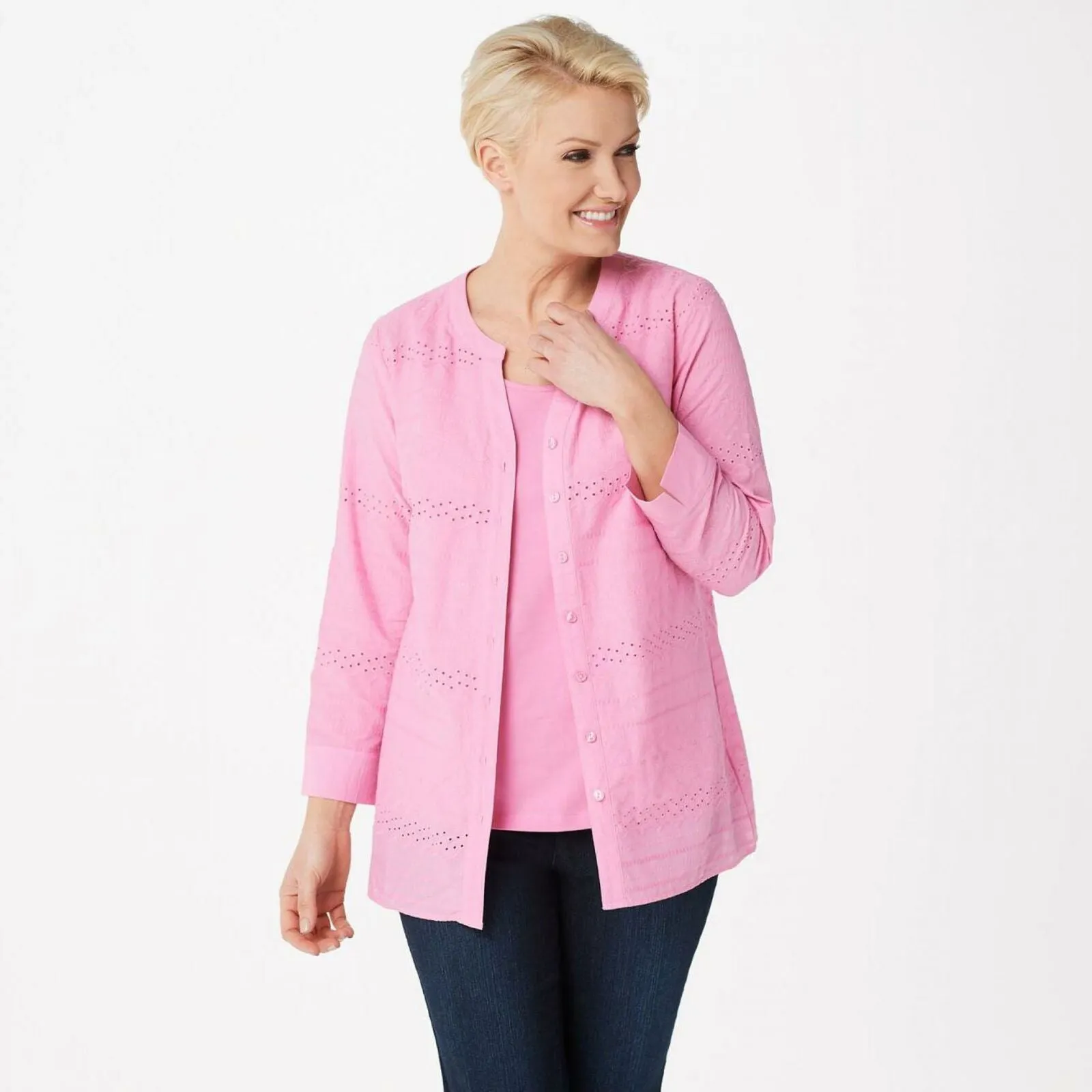 NWT Denim & Co. Eyelet Button Front Shirt and Tank Set. A351579 Large