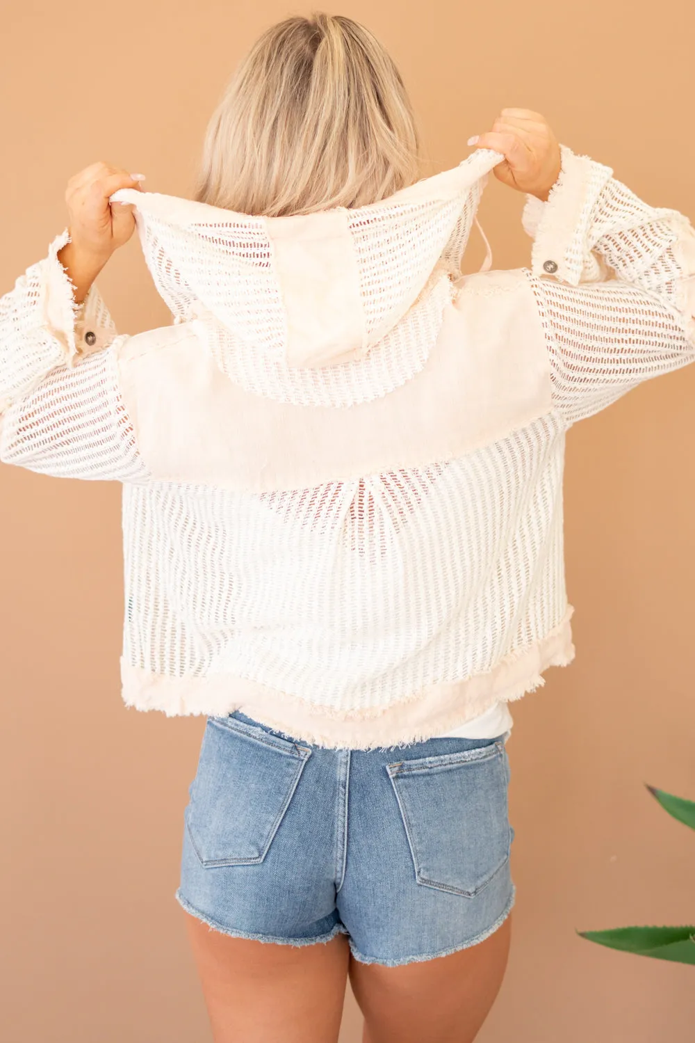 Open Knit Button Down Pocket Hooded Shirt Top