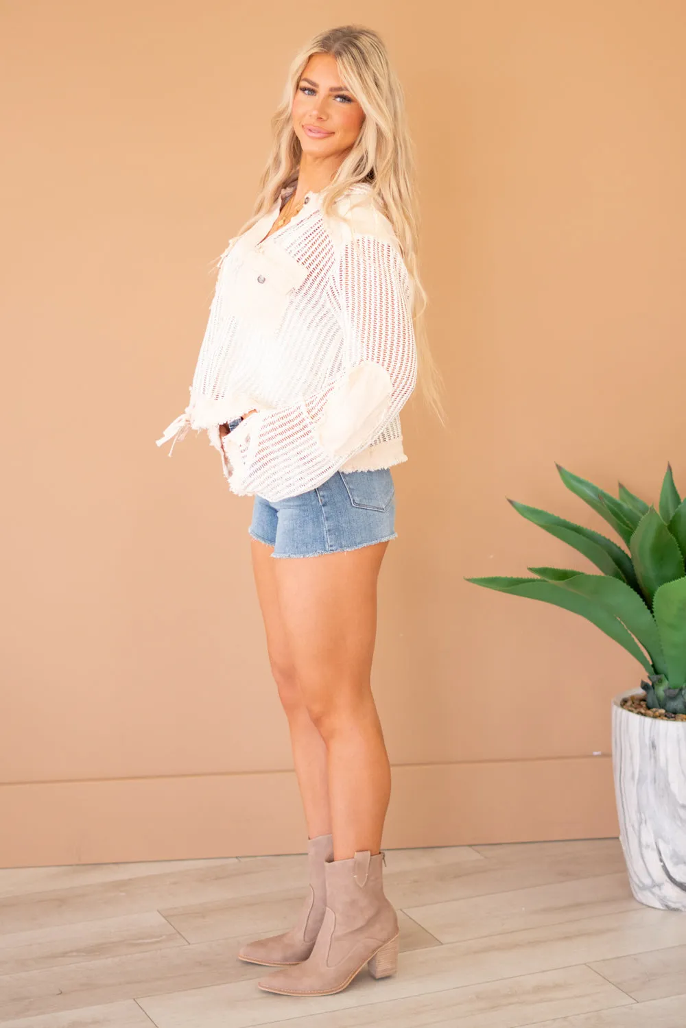 Open Knit Button Down Pocket Hooded Shirt Top