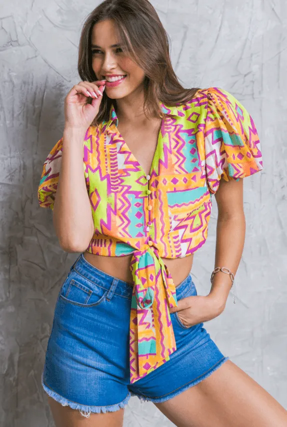 Orange Aztec Print Blouse