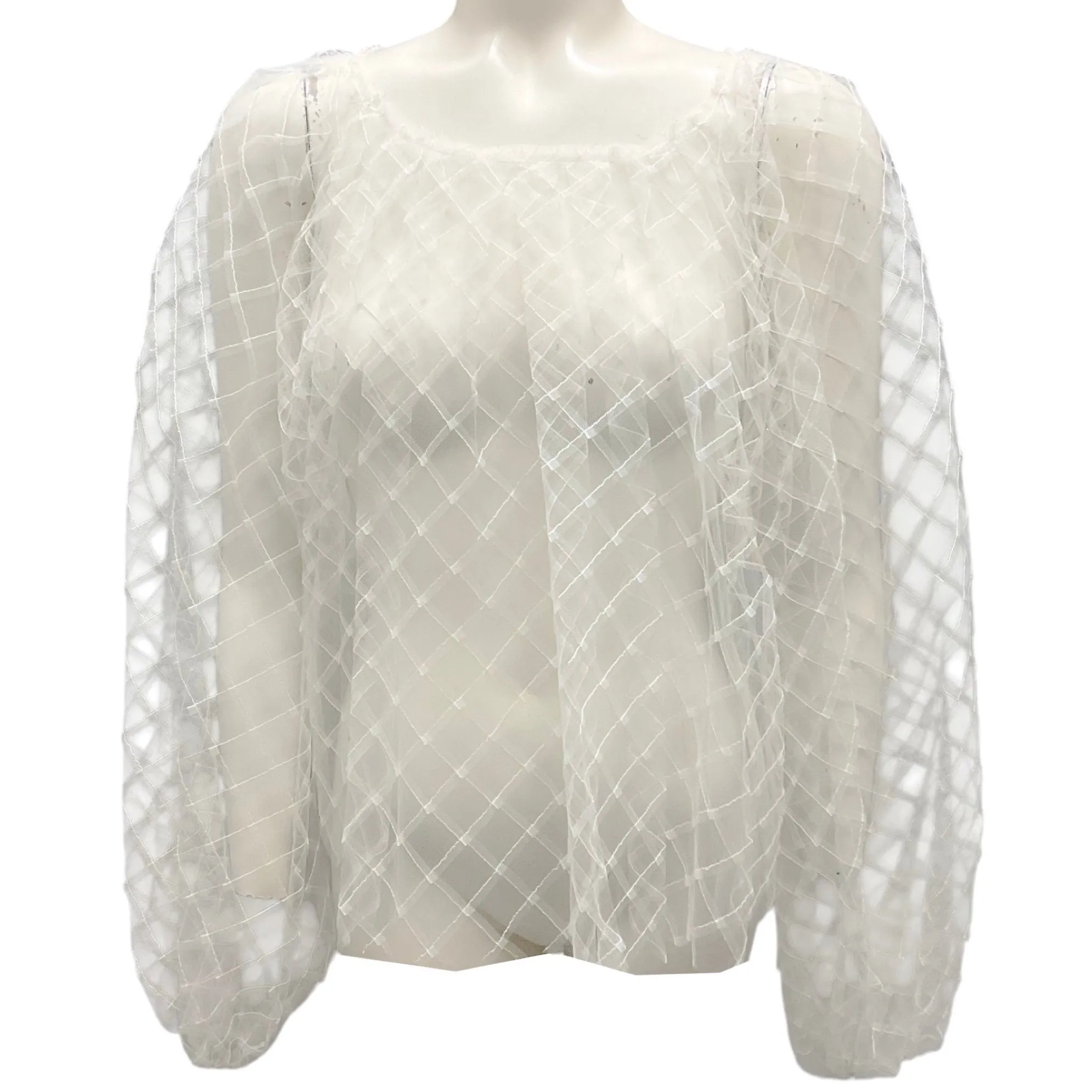 Oscar de la Renta White Spring 2014 Sheer Tulle Blouse