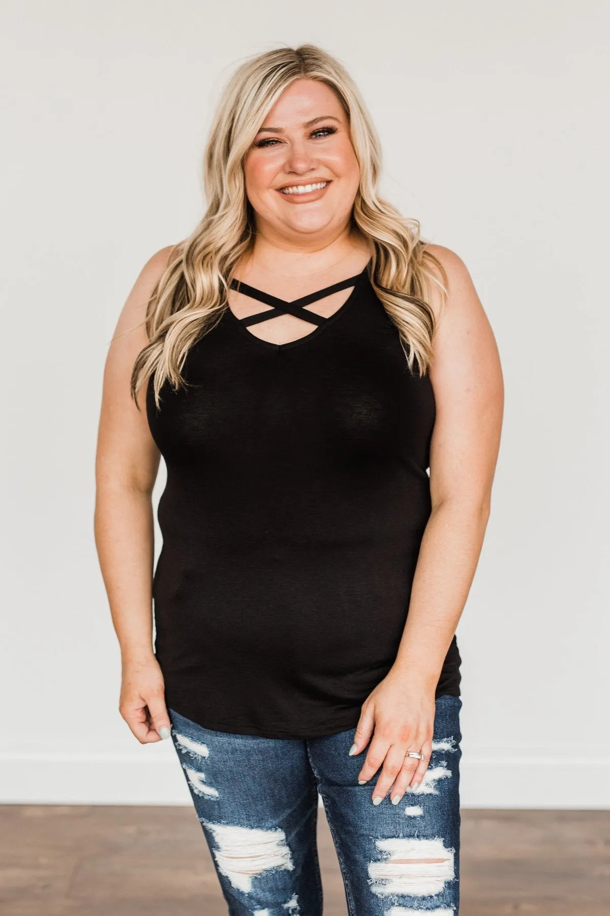 Places to Go Criss Cross Tank Top- Black