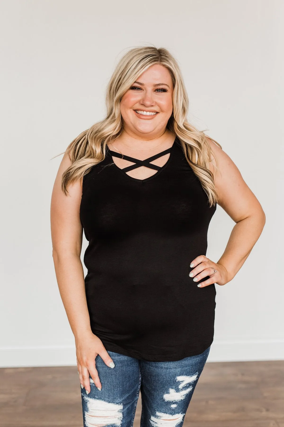 Places to Go Criss Cross Tank Top- Black