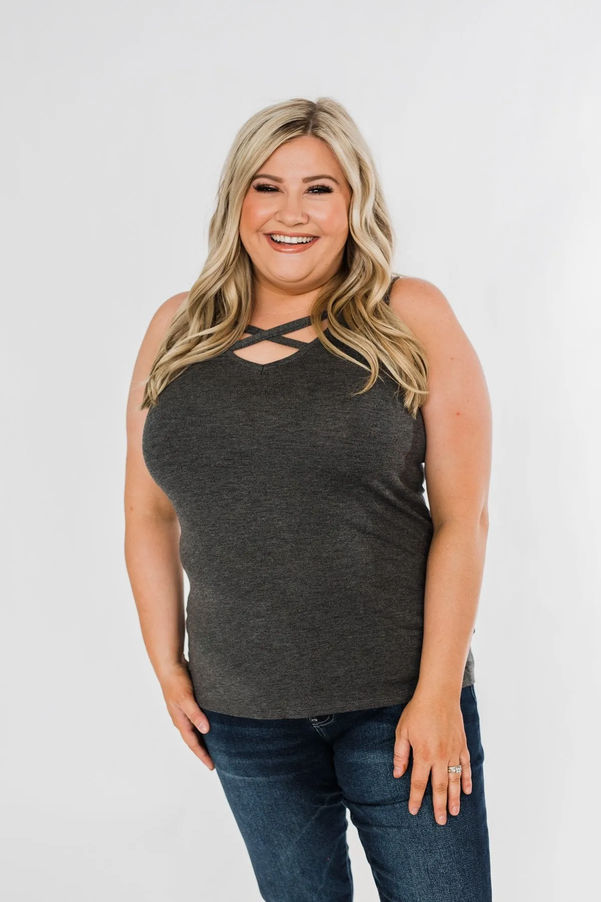 Places to Go Criss Cross Tank Top- Charcoal