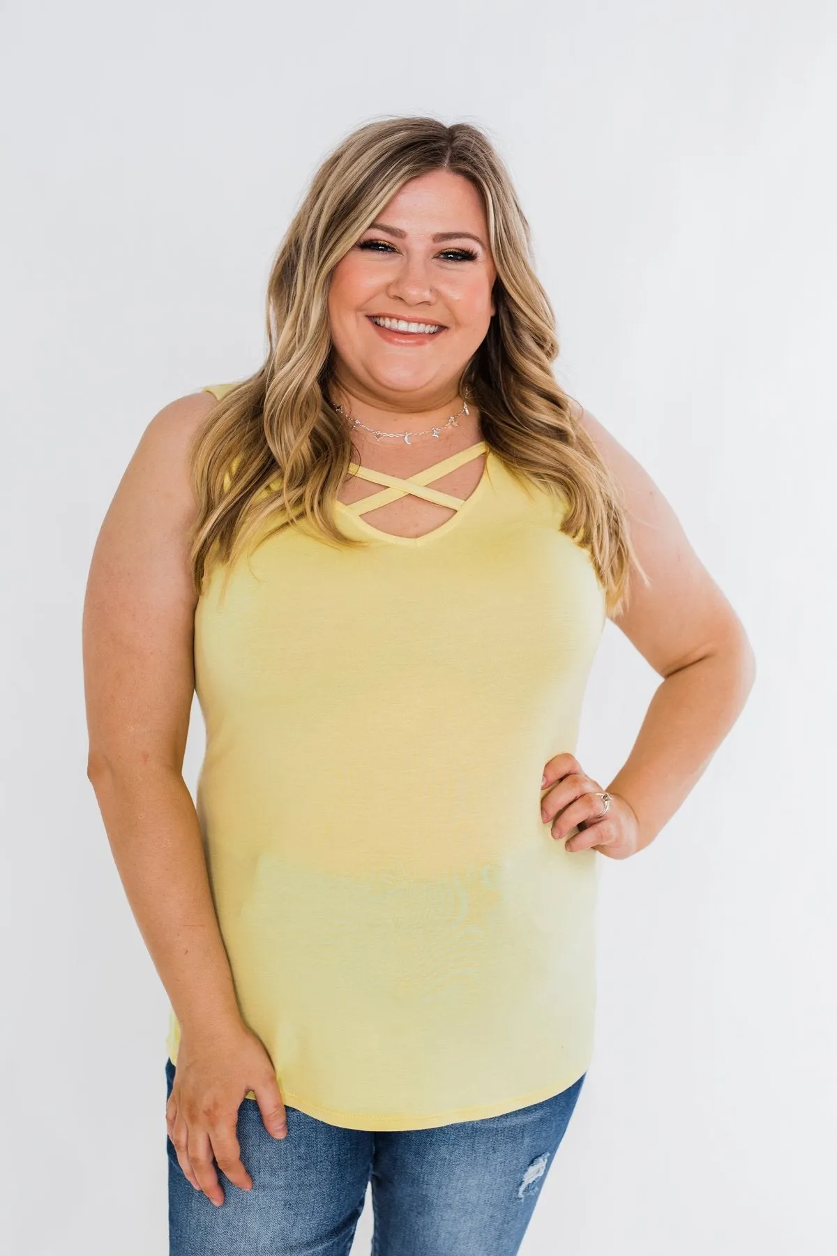 Places to Go Criss Cross Tank Top- Yellow