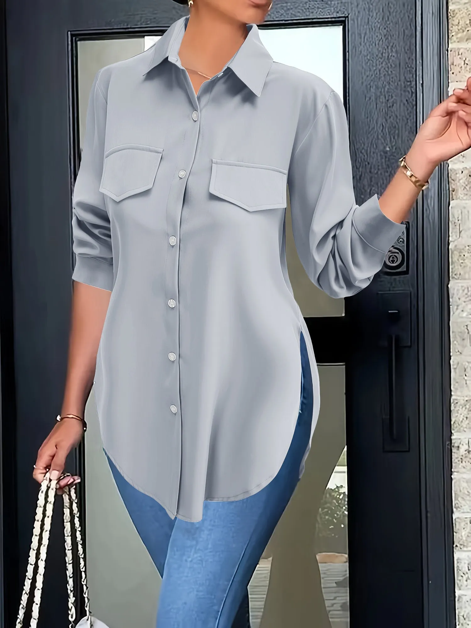 Plain Button-down Shirt - False Pockets & Breathable Material