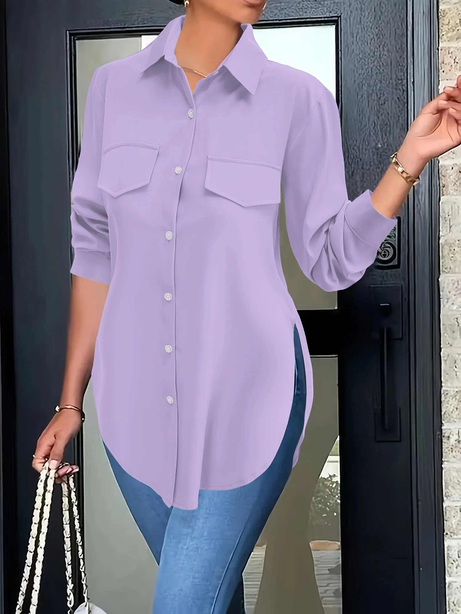 Plain Button-down Shirt - False Pockets & Breathable Material