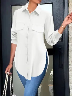 Plain Button-down Shirt - False Pockets & Breathable Material