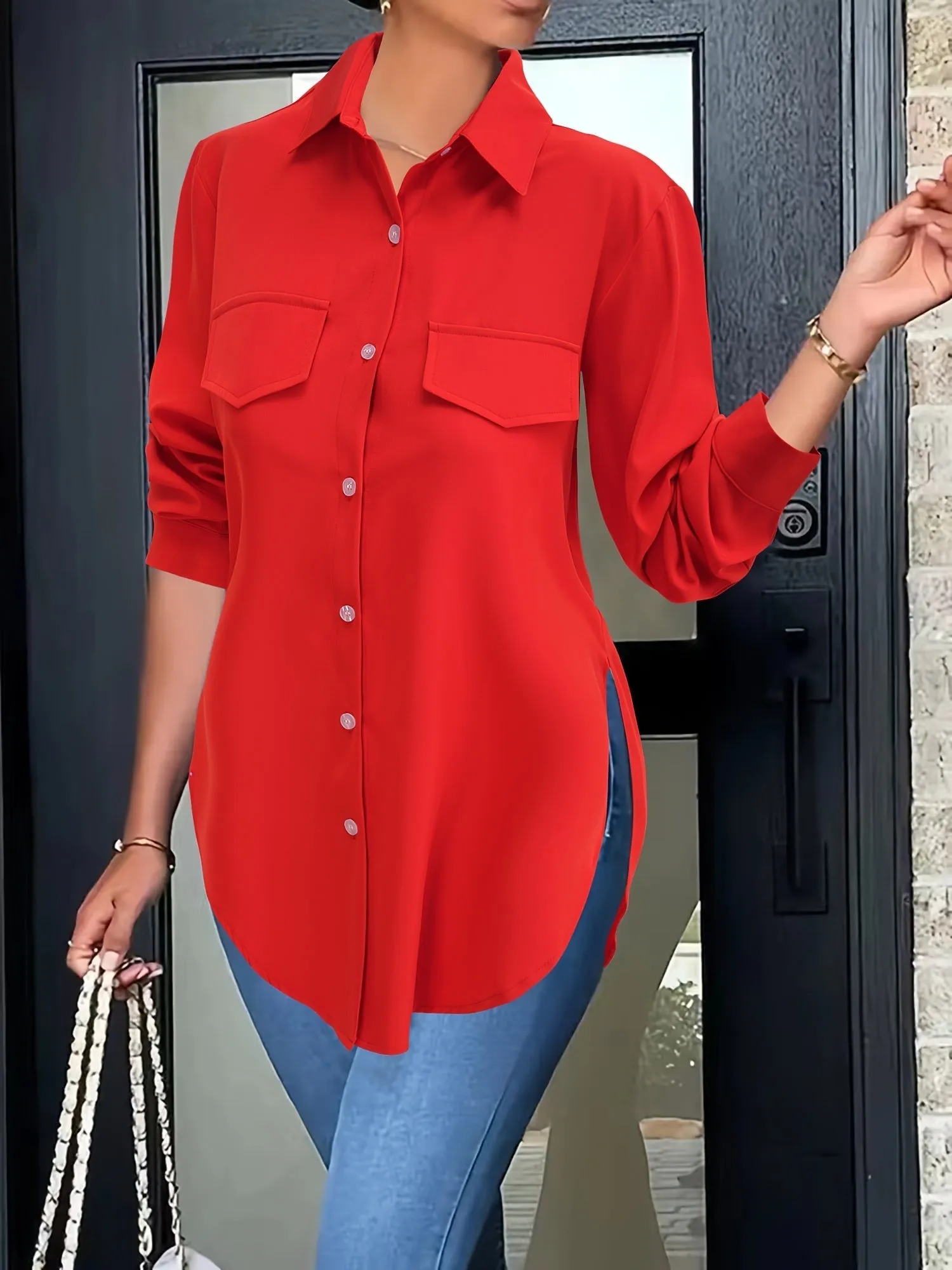 Plain Button-down Shirt - False Pockets & Breathable Material