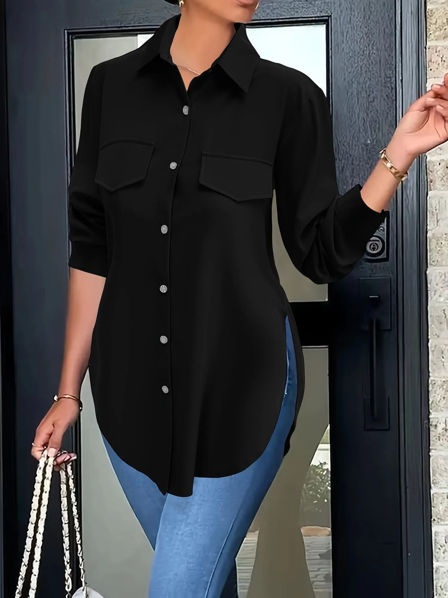 Plain Button-down Shirt - False Pockets & Breathable Material
