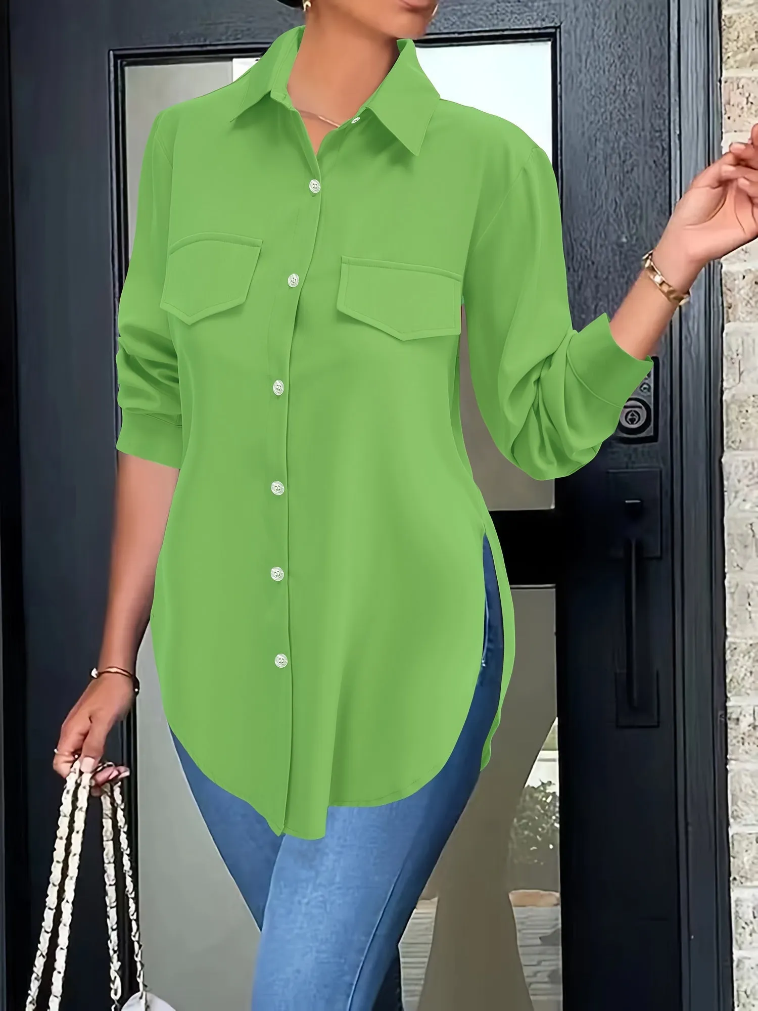 Plain Button-down Shirt - False Pockets & Breathable Material