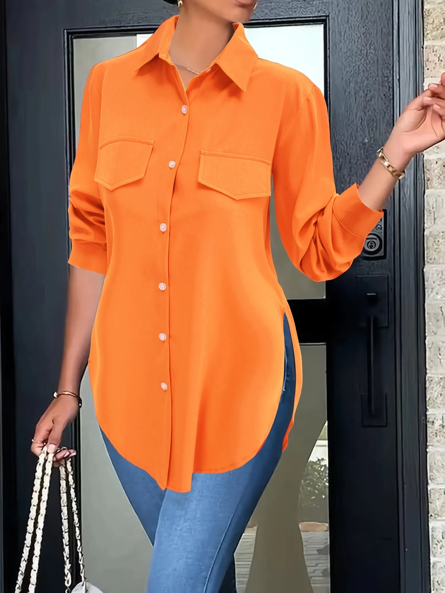 Plain Button-down Shirt - False Pockets & Breathable Material