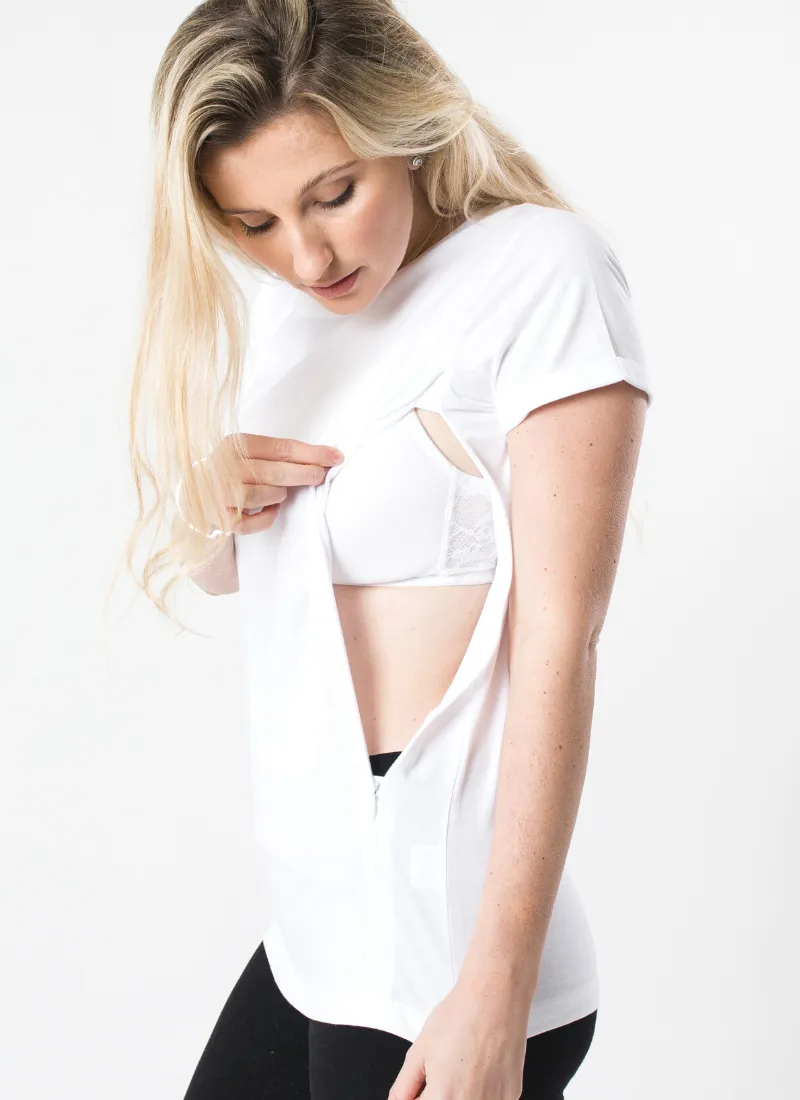 PLAIN WHITE Breastfeeding T-Shirt with Zips (Organic Cotton)