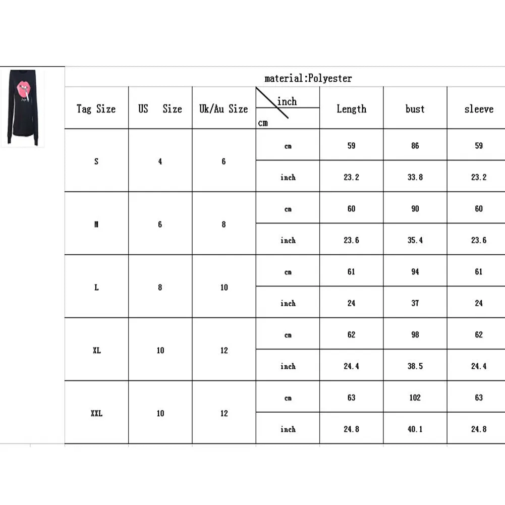 Plus Size Women Sweatshirts Sexy Red Big Lips Cigarette Printed Long-Sleeved Edge Pullovers Hoodies Causual Sudaderas NW