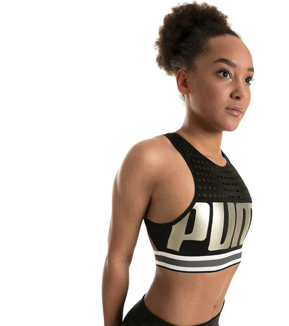 Puma Womens Sports Bra Crop Top Black & Gold Size XS