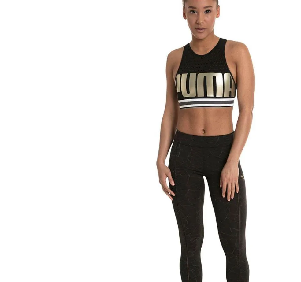 Puma Womens Sports Bra Crop Top Black & Gold Size XS