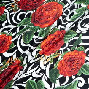 Red Floral Printed Black & White Patterned Silk Twill