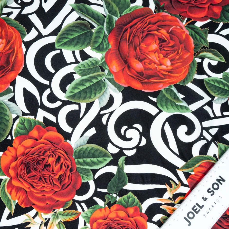 Red Floral Printed Black & White Patterned Silk Twill