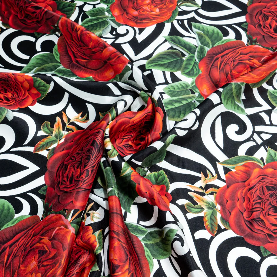 Red Floral Printed Black & White Patterned Silk Twill