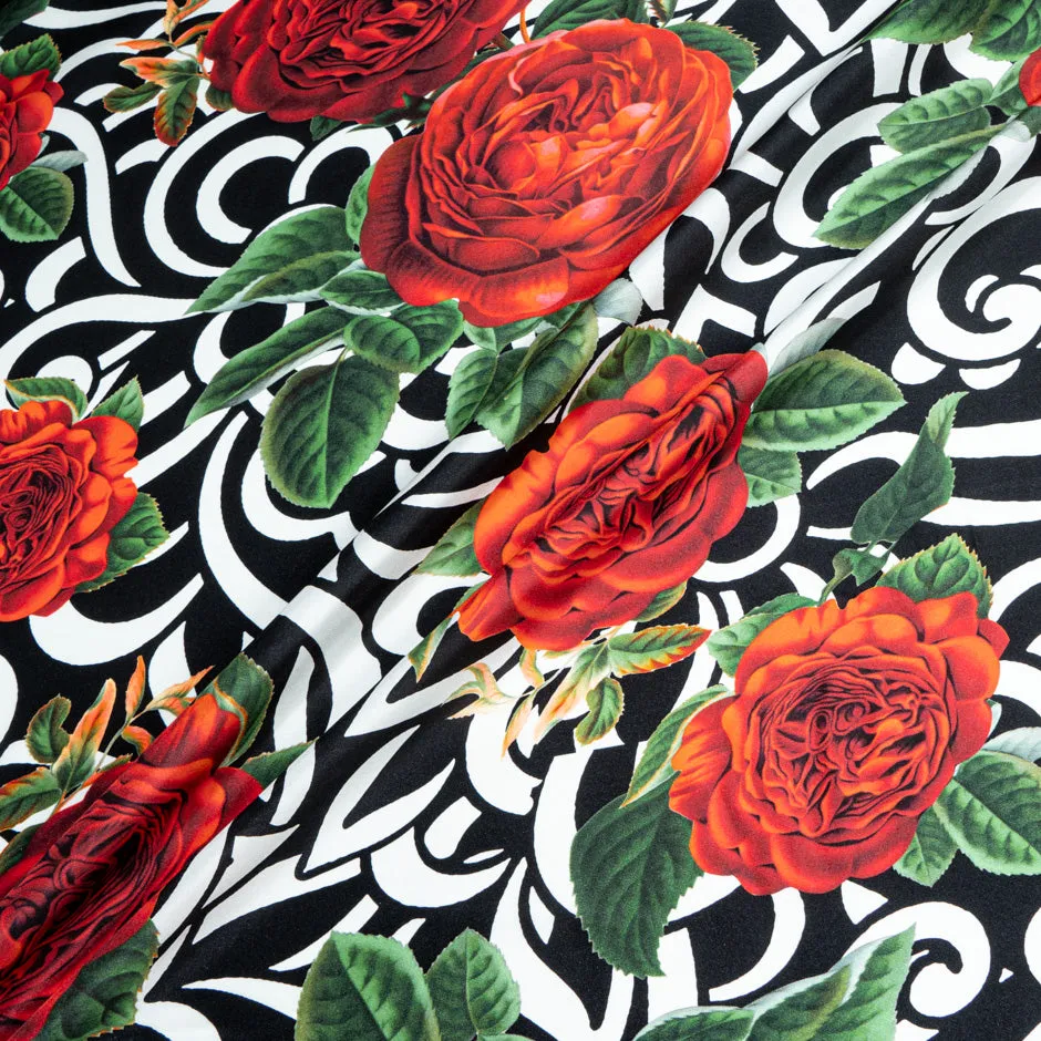 Red Floral Printed Black & White Patterned Silk Twill