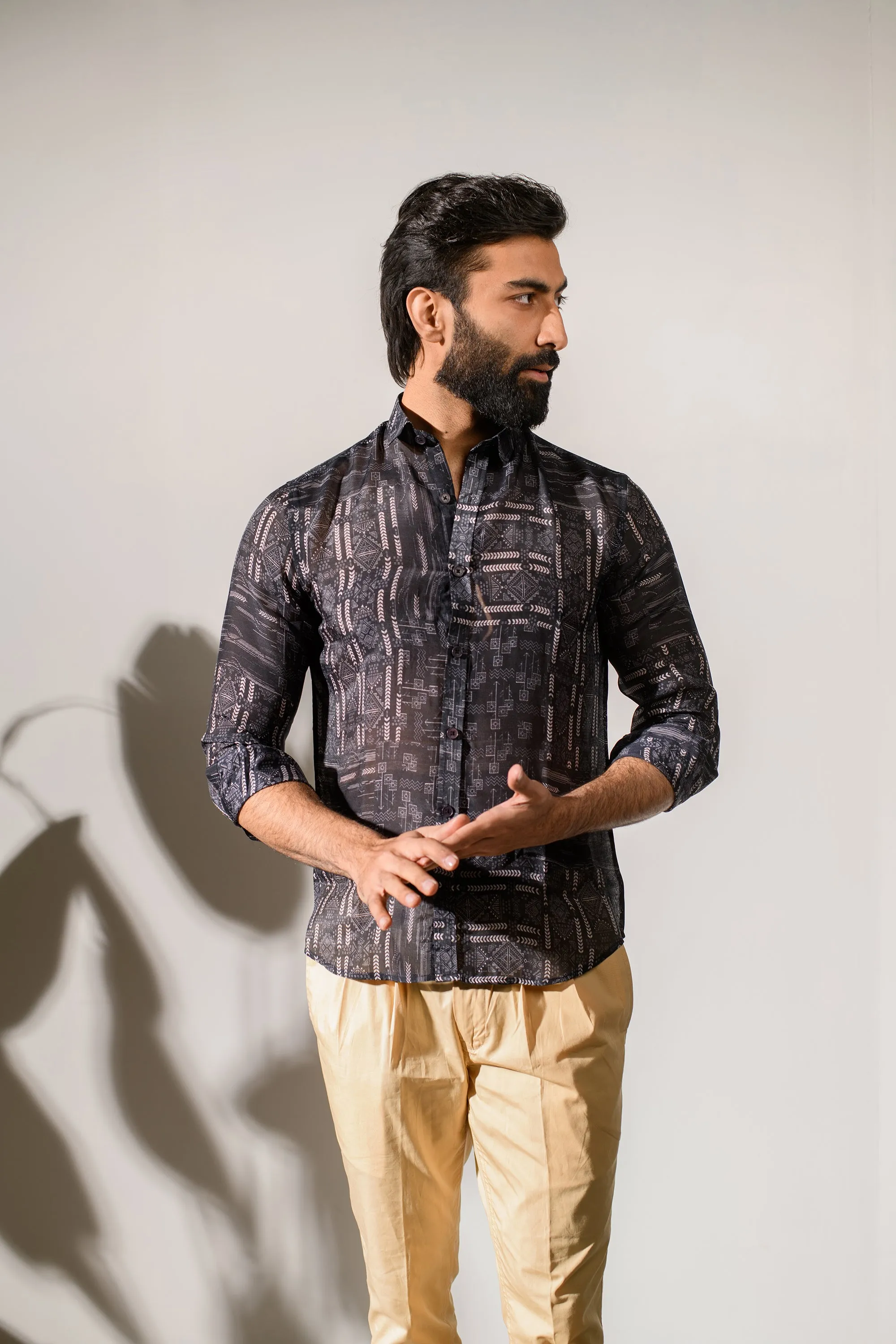 Rustic Boho Black Silk Oxford Collar Shirt For Men
