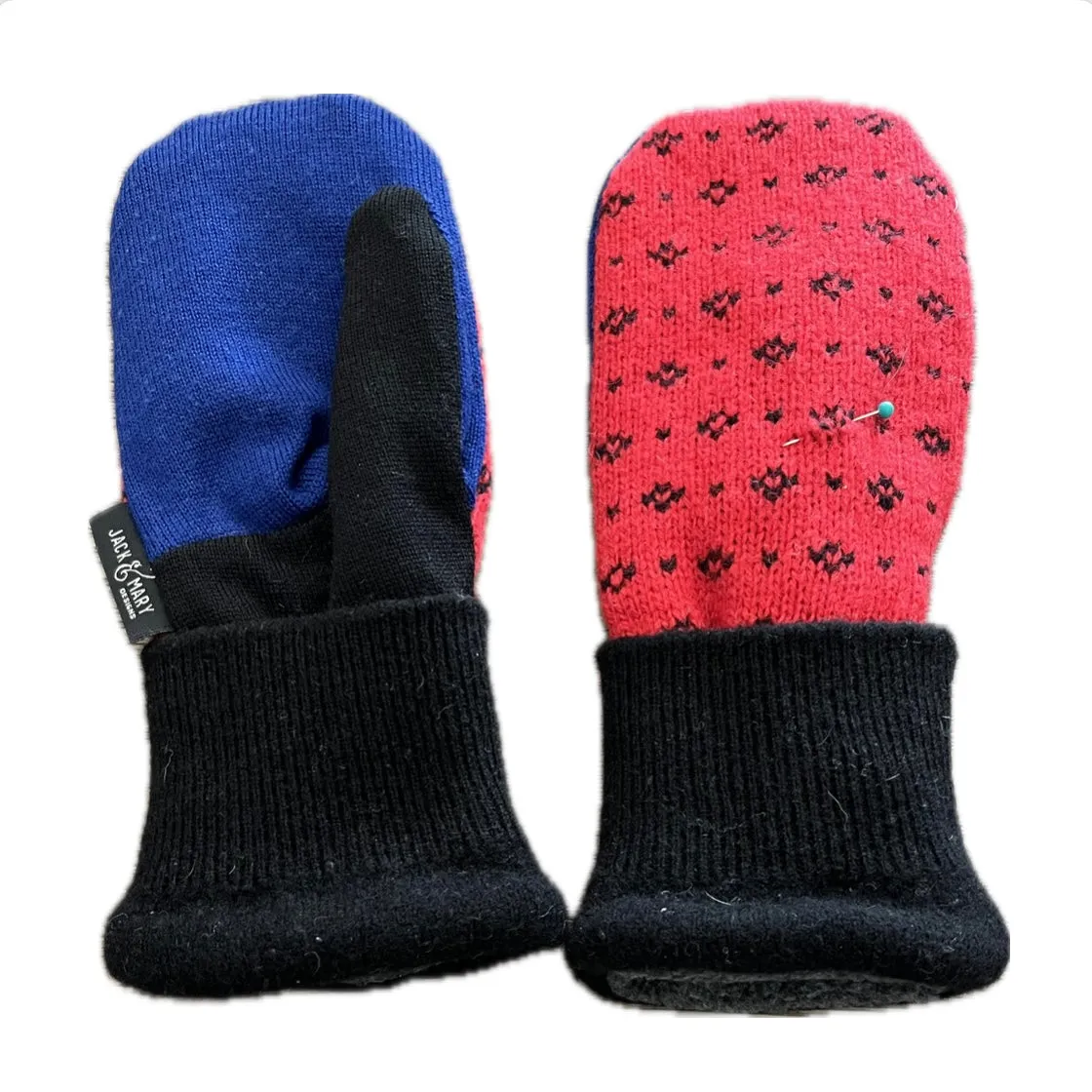 SALE Women's Mittens - Red & Blue Nordic Small Stitching Repair - 1405