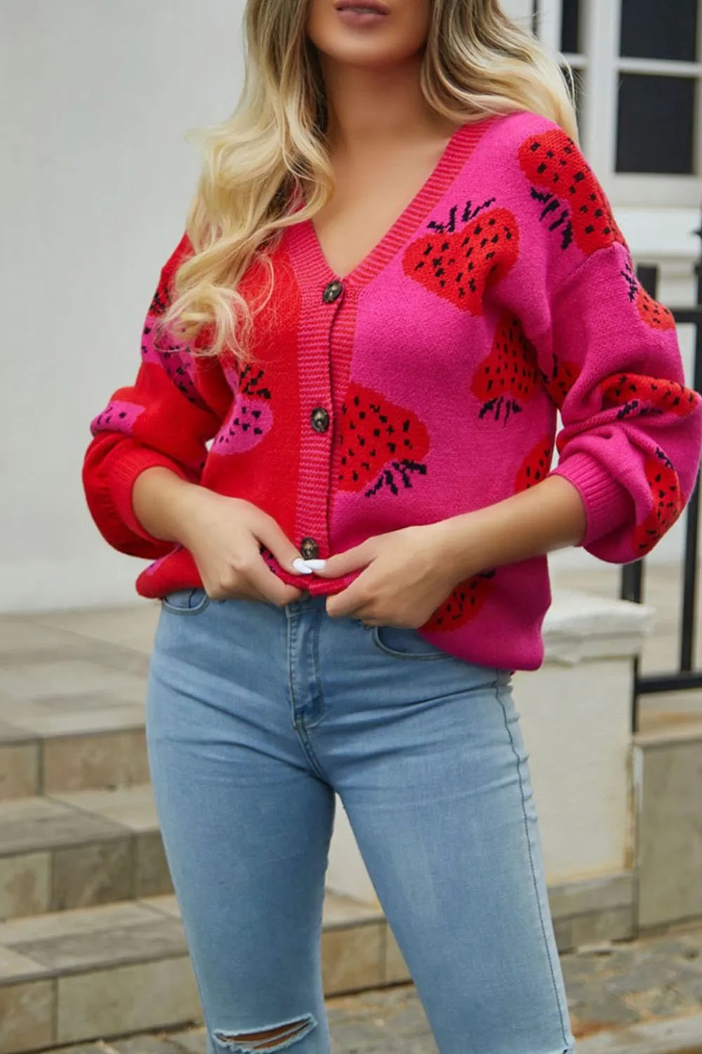 Sammie Printed V-Neck Button-Down Long Sleeve Cardigan