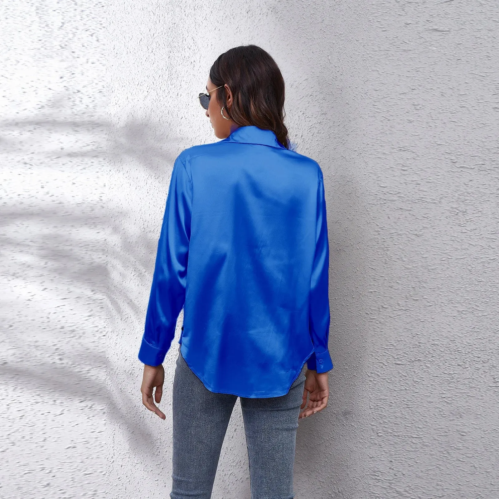 Satin Imitation Silk Button-Up Blouse – Loose Fit Long Sleeve