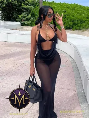 See Through Halter Dress Panties Women Summer Beach Stylish Fake Two Backless Long Bodycon Skinny Elastic Streetwear