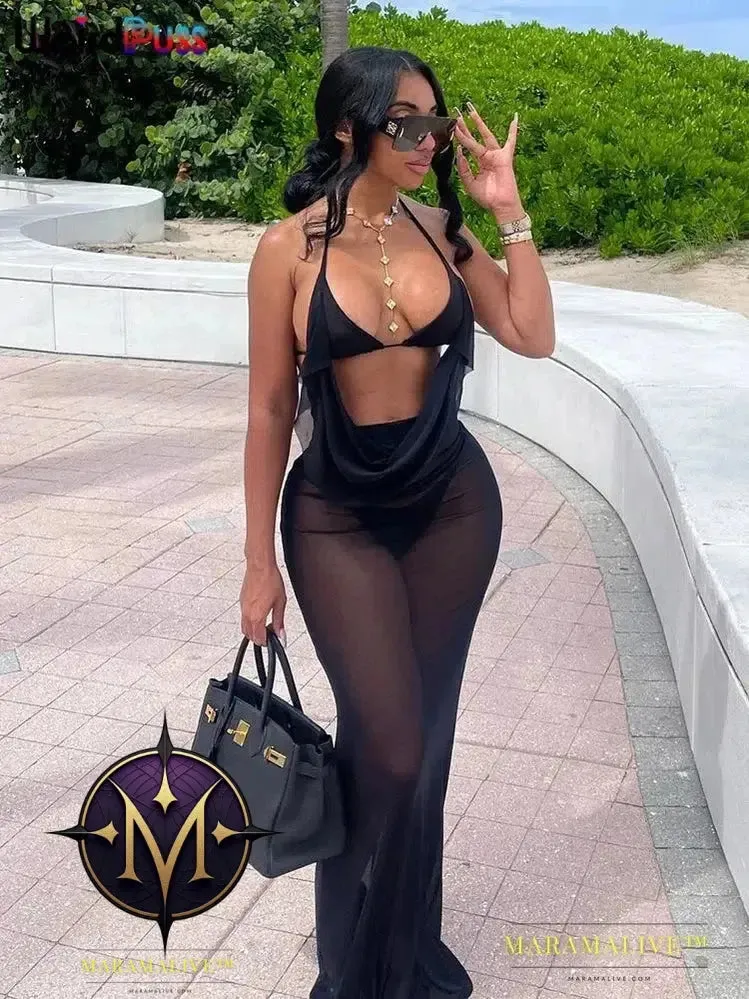 See Through Halter Dress Panties Women Summer Beach Stylish Fake Two Backless Long Bodycon Skinny Elastic Streetwear
