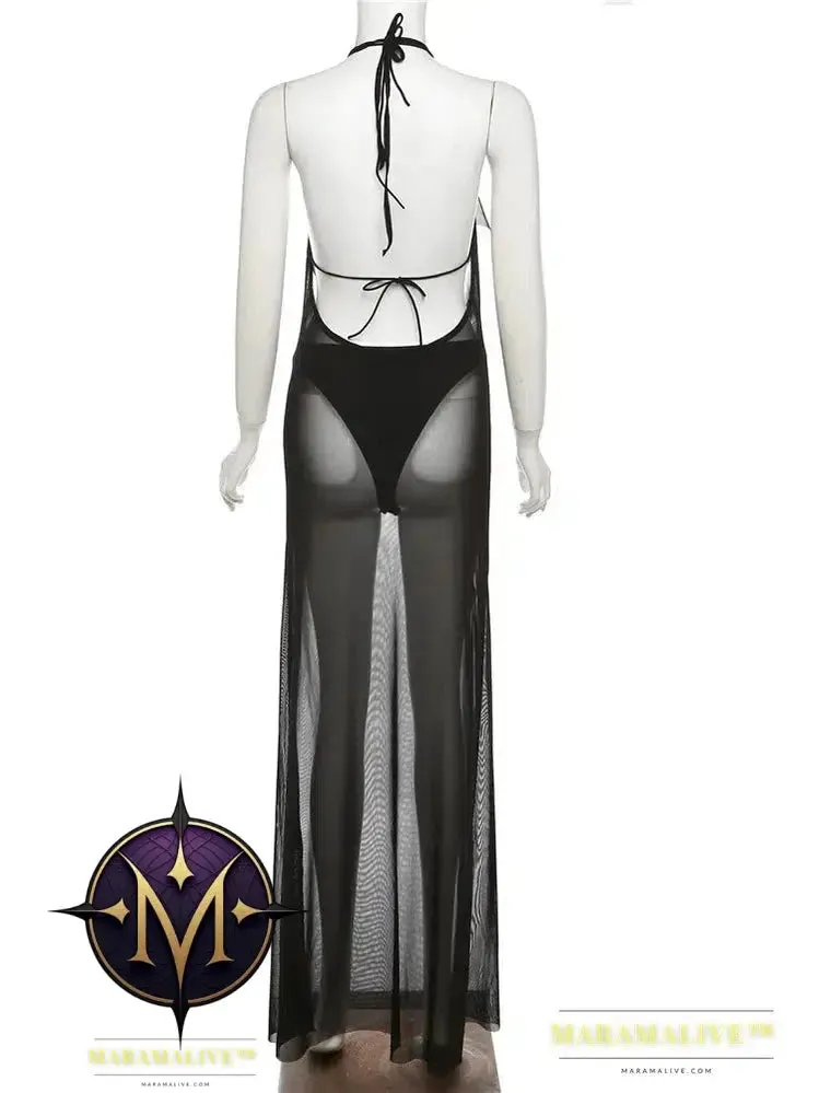 See Through Halter Dress Panties Women Summer Beach Stylish Fake Two Backless Long Bodycon Skinny Elastic Streetwear