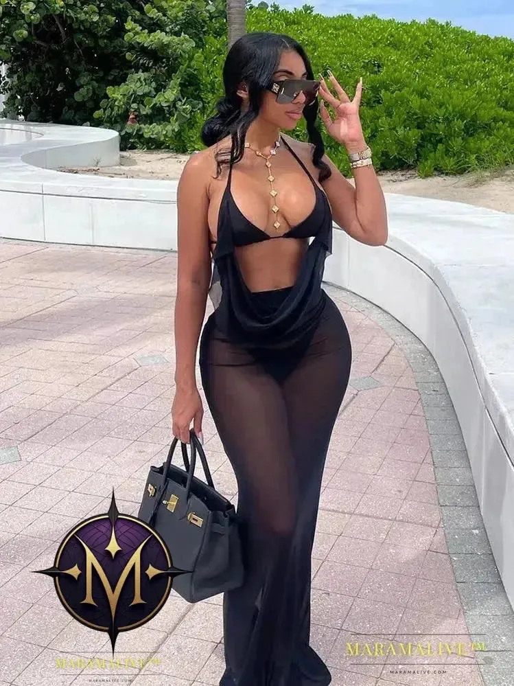 See Through Halter Dress Panties Women Summer Beach Stylish Fake Two Backless Long Bodycon Skinny Elastic Streetwear