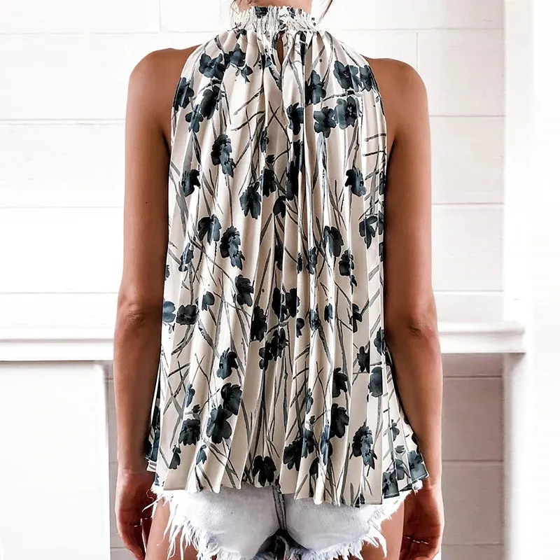 Sexy Floral Print Casual Sleeveless Solid White Tank Top