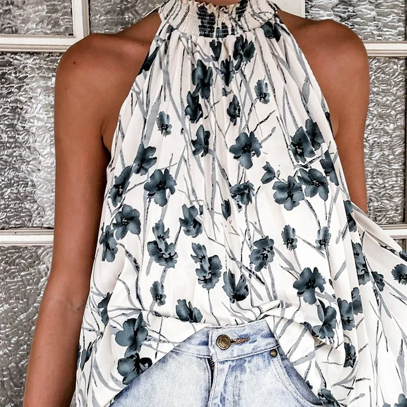 Sexy Floral Print Casual Sleeveless Solid White Tank Top