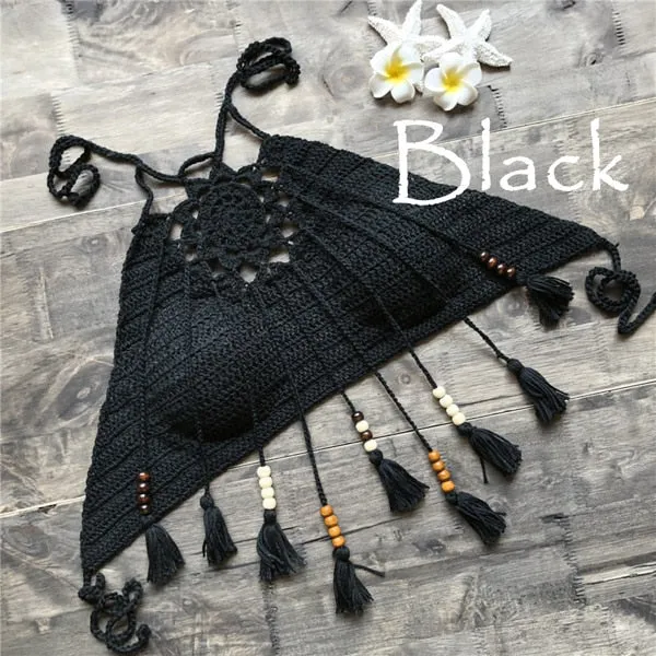 Sexy Women Push Up Tassel Bikini Top Boho Beach Swimwear Crochet Fringe Bikini Bra Halter Camisoles Tank Swimsuit Hot Sale