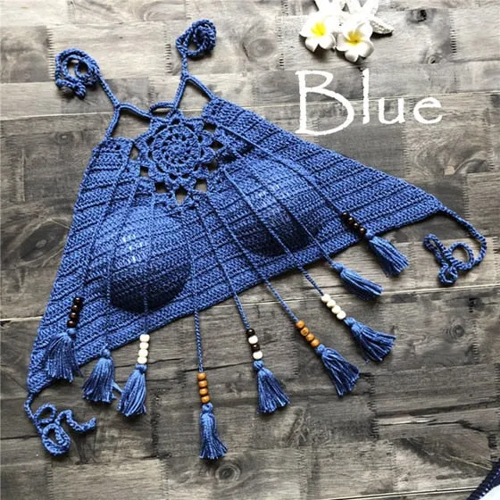 Sexy Women Push Up Tassel Bikini Top Boho Beach Swimwear Crochet Fringe Bikini Bra Halter Camisoles Tank Swimsuit Hot Sale