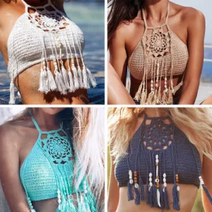 Sexy Women Push Up Tassel Bikini Top Boho Beach Swimwear Crochet Fringe Bikini Bra Halter Camisoles Tank Swimsuit Hot Sale