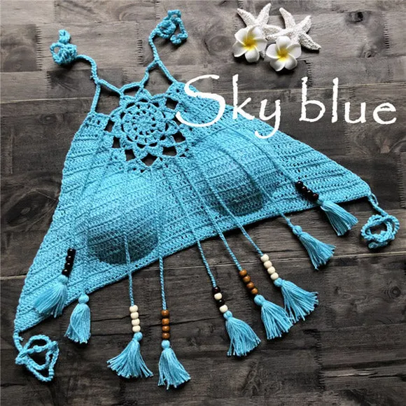 Sexy Women Push Up Tassel Bikini Top Boho Beach Swimwear Crochet Fringe Bikini Bra Halter Camisoles Tank Swimsuit Hot Sale