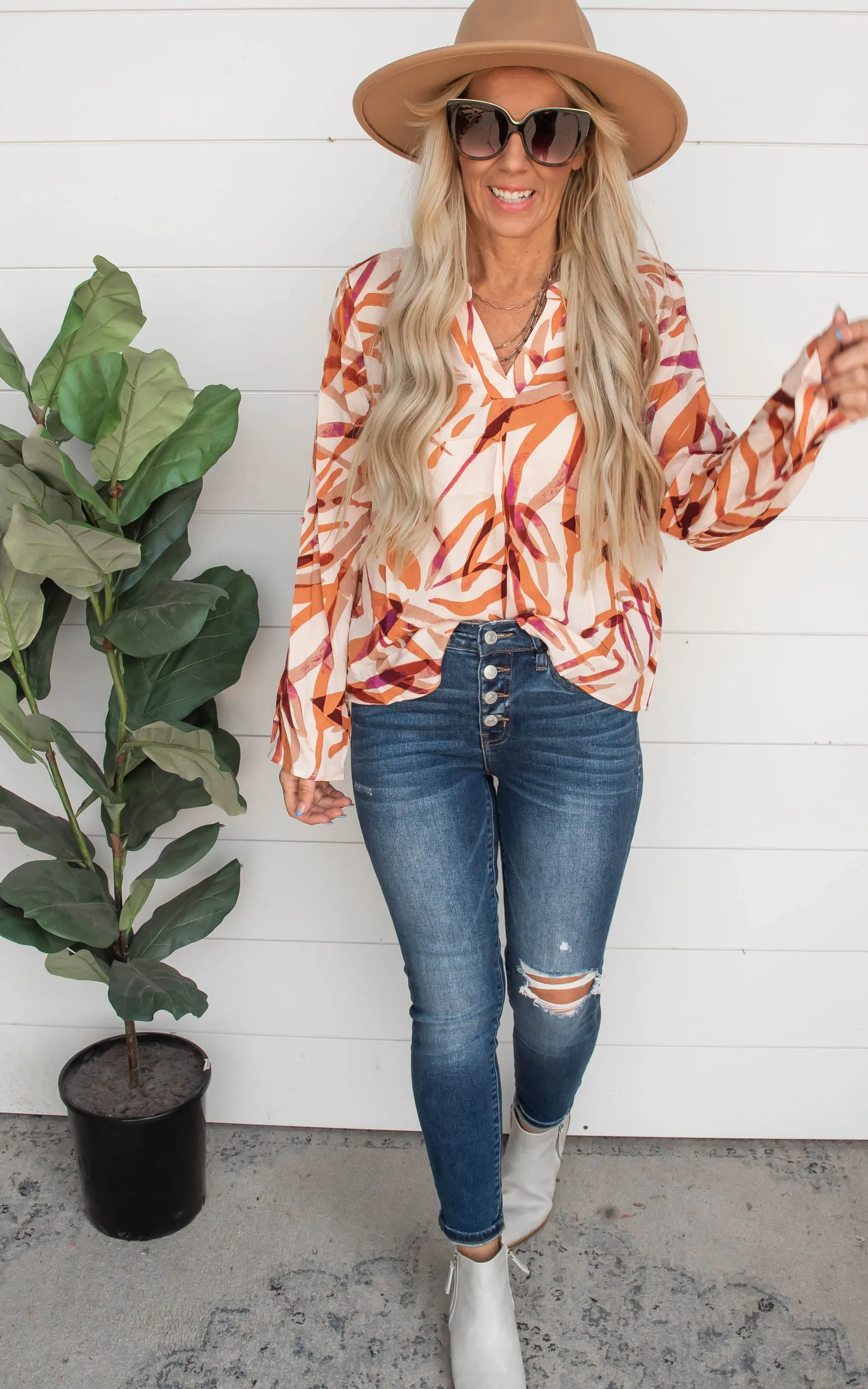 Shades of Rust Printed Button Down Blouse Top - Final Sale