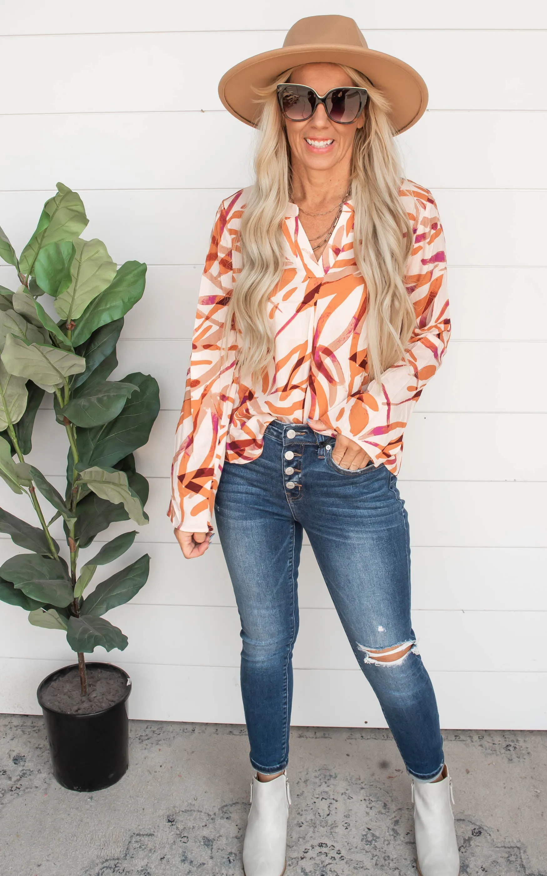 Shades of Rust Printed Button Down Blouse Top - Final Sale