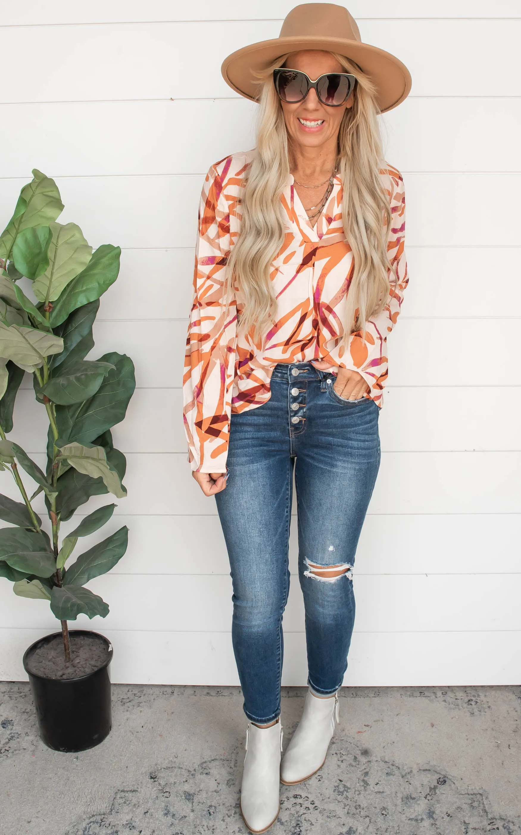 Shades of Rust Printed Button Down Blouse Top - Final Sale